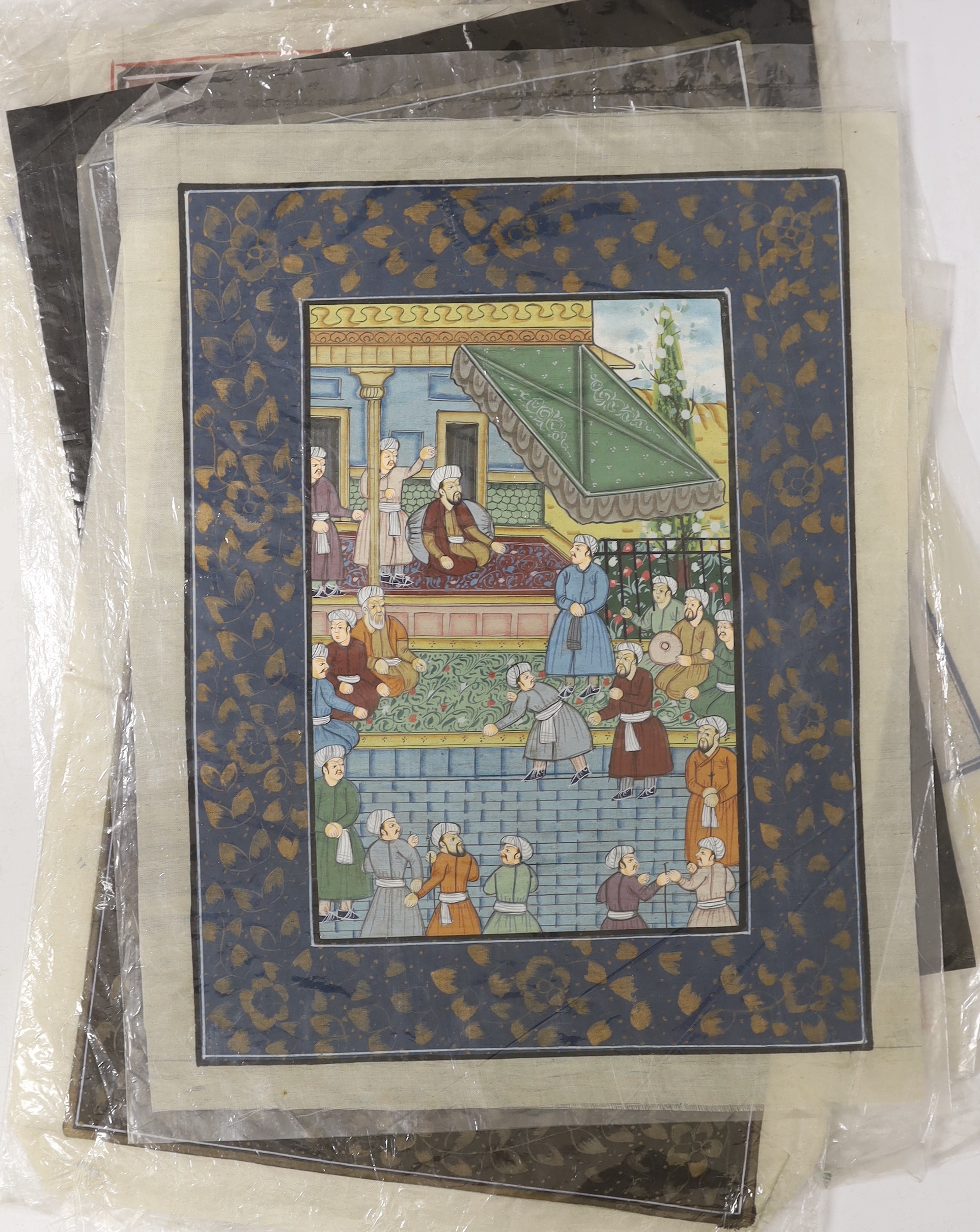 A collection of Indian gouache paintings on silk depicting attendants and figures, unframed